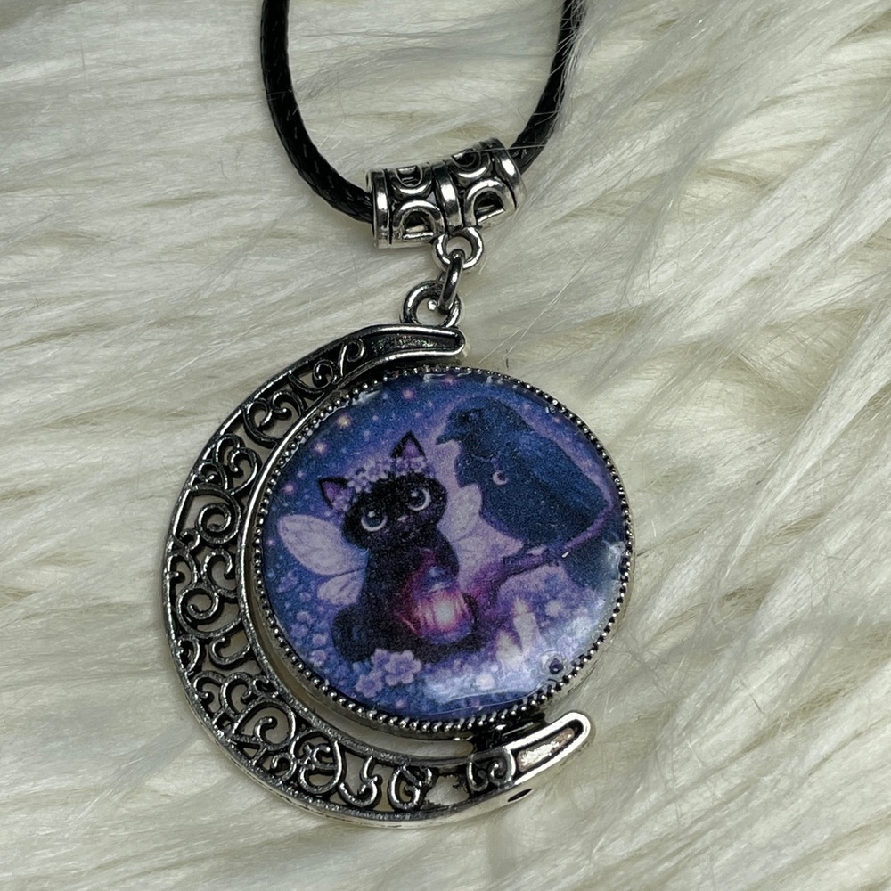 Double Black Cat Double Sided Moon Pendant - Gothic Witchy Jewelry -Artisan - Picture 5 of 16